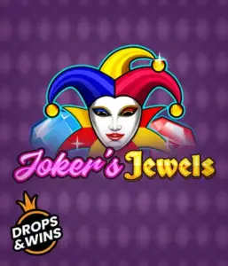 Experience the vibrant ambiance of Joker's Jewels slot by Pragmatic Play, highlighting a mesmerizing joker's mask adorned with a brightly colored jester hat. This graphic captures the joyful spirit of traditional joker games, set against a purple background. Ideal for fans of joker-themed slots, delivering a thrilling play experience. 